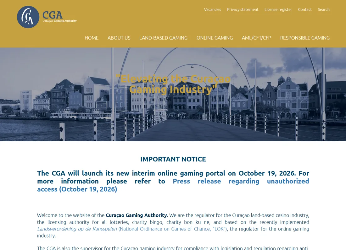 Startseite der CGA mit einem wichtigen Hinweis, dass das Übergangsportal am 19. Oktober 2026 startet