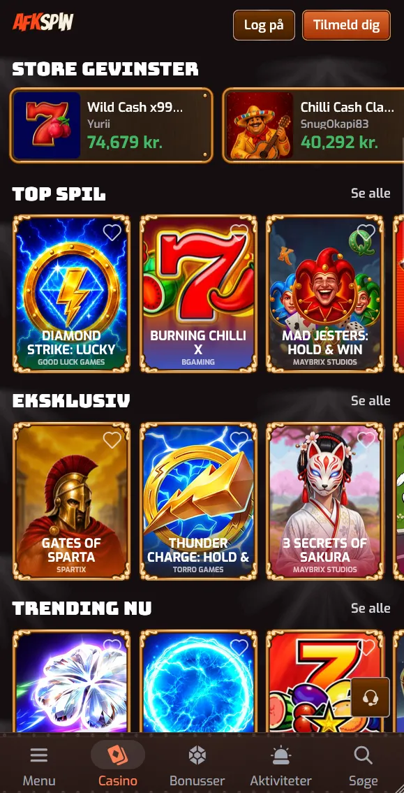AFKspins danske lobby med store gevinster i kroner og top-spil