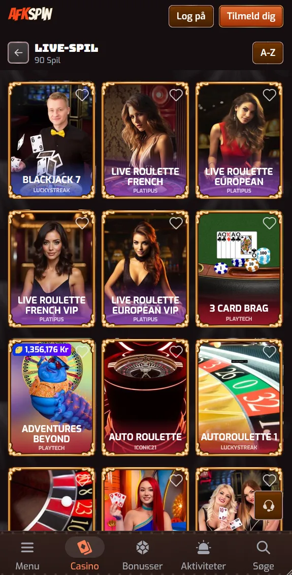 AFKspins live-lobby med 90 live-spil