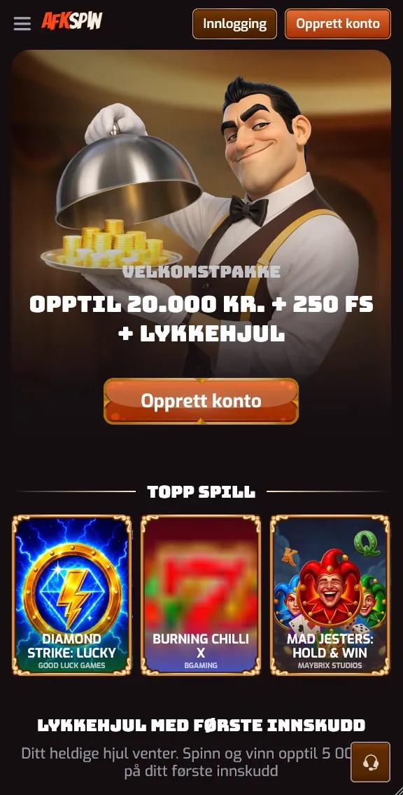 AFKspins norske forside med velkomstpakke på 20 000 kr
