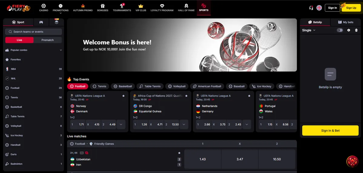 Sportsbooken hos FieryPlay