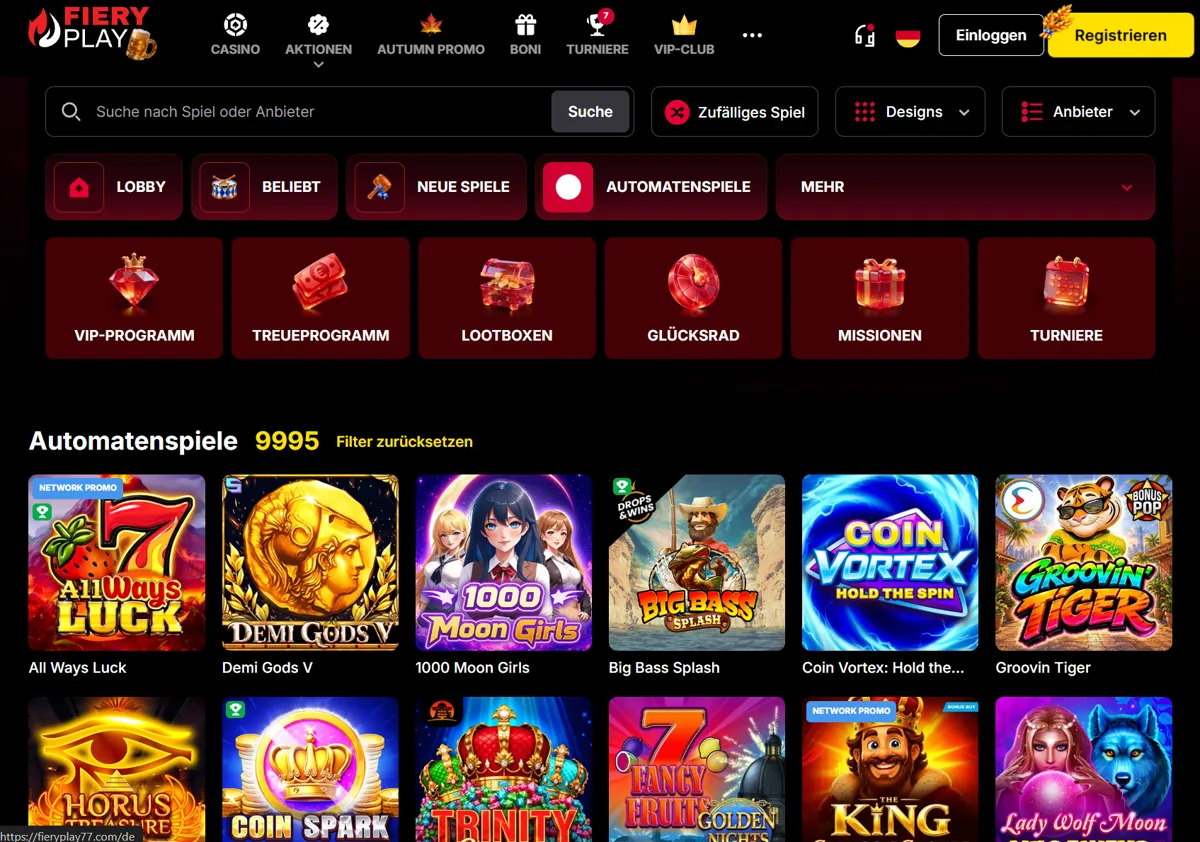 Kategorie Automatenspiele im Fiery Play Casino mit 9.995 Spielen, darunter Big Bass Splash und Coin Vortex