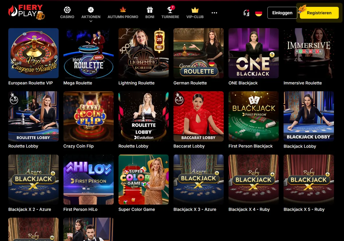 Live Casino im Fiery Play Casino mit German Roulette, Lightning Roulette und ONE Blackjack