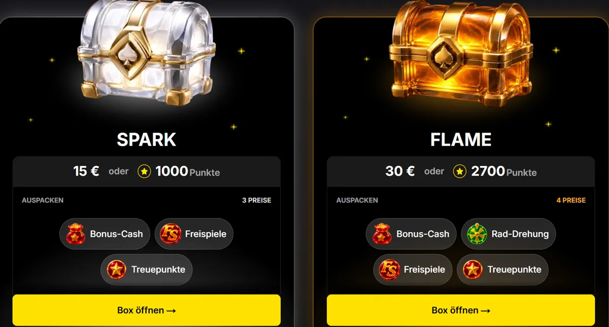 Lootboxen Spark für 15 Euro und Flame für 30 Euro im Fiery Play Casino