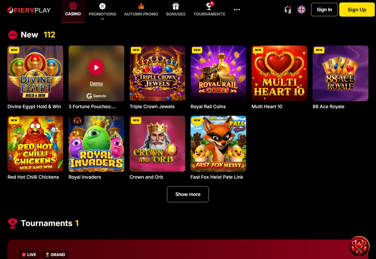 Kategorien New hos Fiery Play Casino med 112 nye spil og en Demo-knap på et af spillene