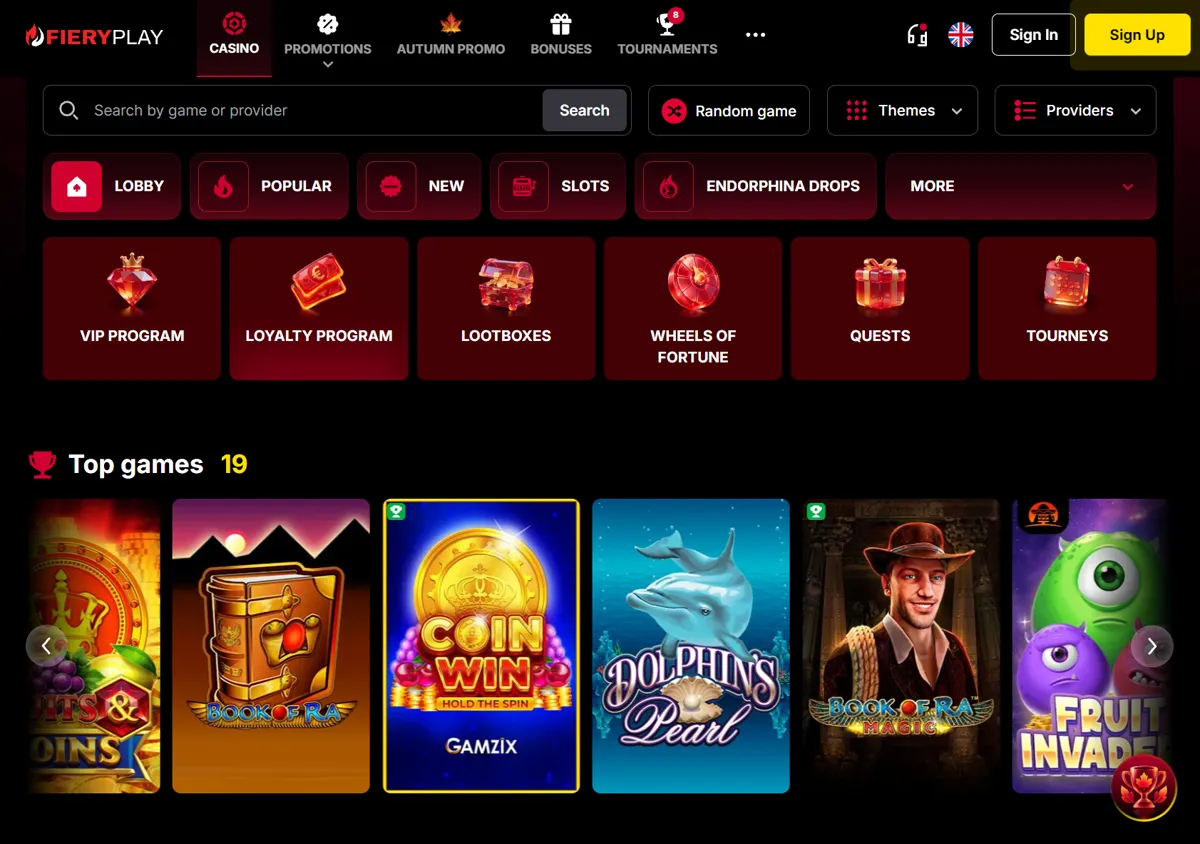 Lobbyen hos Fiery Play Casino med snarveier til VIP-program, lojalitetsprogram, lootbokser, lykkehjul, oppdrag og turneringer