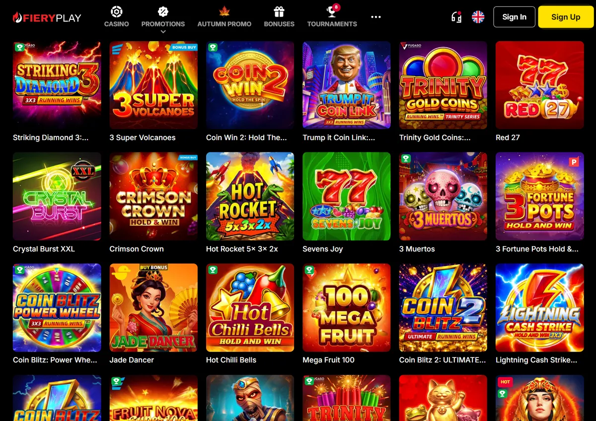 Automatlobbyen hos Fiery Play Casino med Hold & Win-spill som Coin Win 2 og 3 Fortune Pots