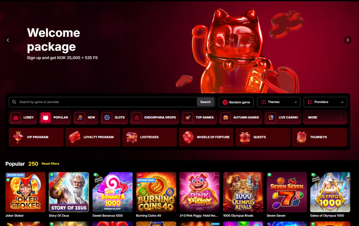 Forsiden til Fiery Play Casino for norske besøkende med velkomstpakken på 25 000 kr og 525 gratisspinn