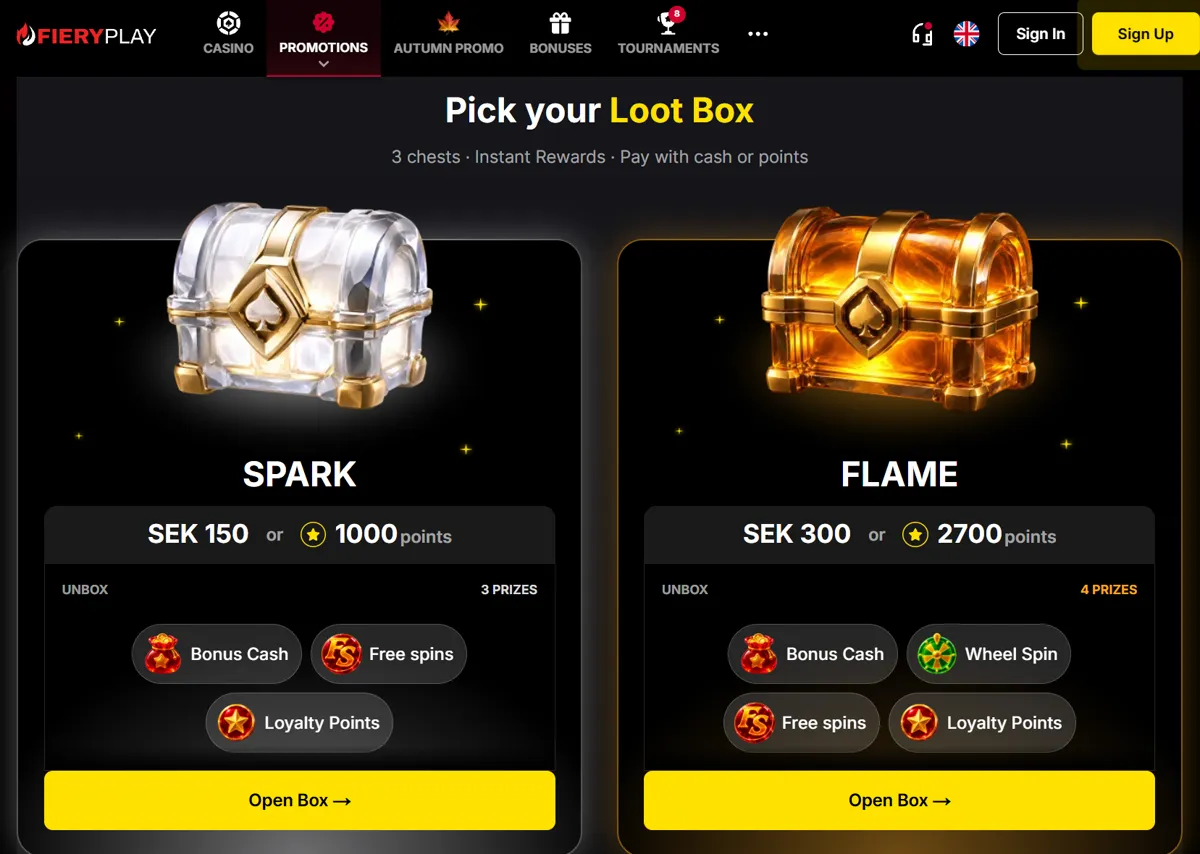 Lootboxarna Spark för 150 kr och Flame för 300 kr hos Fiery Play Casino