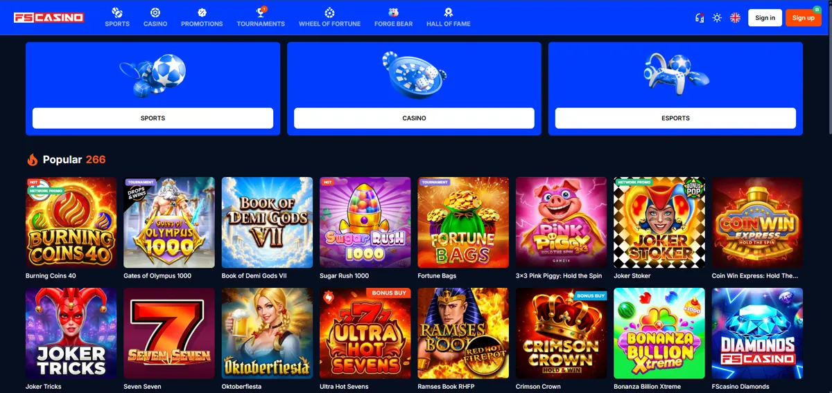 Forsiden hos FS.Casino med valg mellom sport, casino og esport