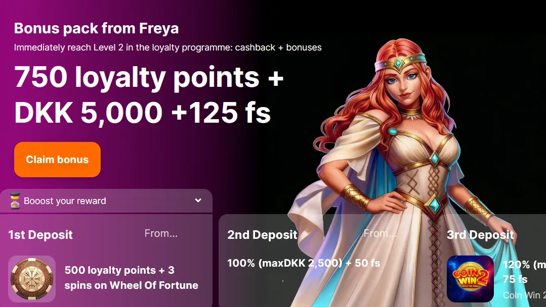 Hit'n'Spins Freya-pakke: 750 loyalitetspoint, 5.000 kr. og 125 free spins