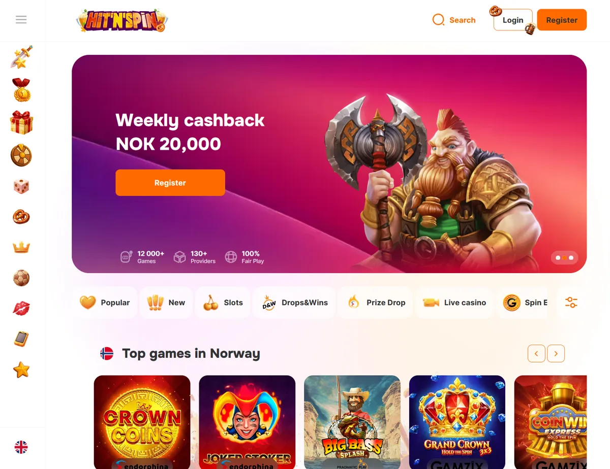 Hit'n'Spins forside for norske besøkende med ukentlig cashback på 20 000 kr