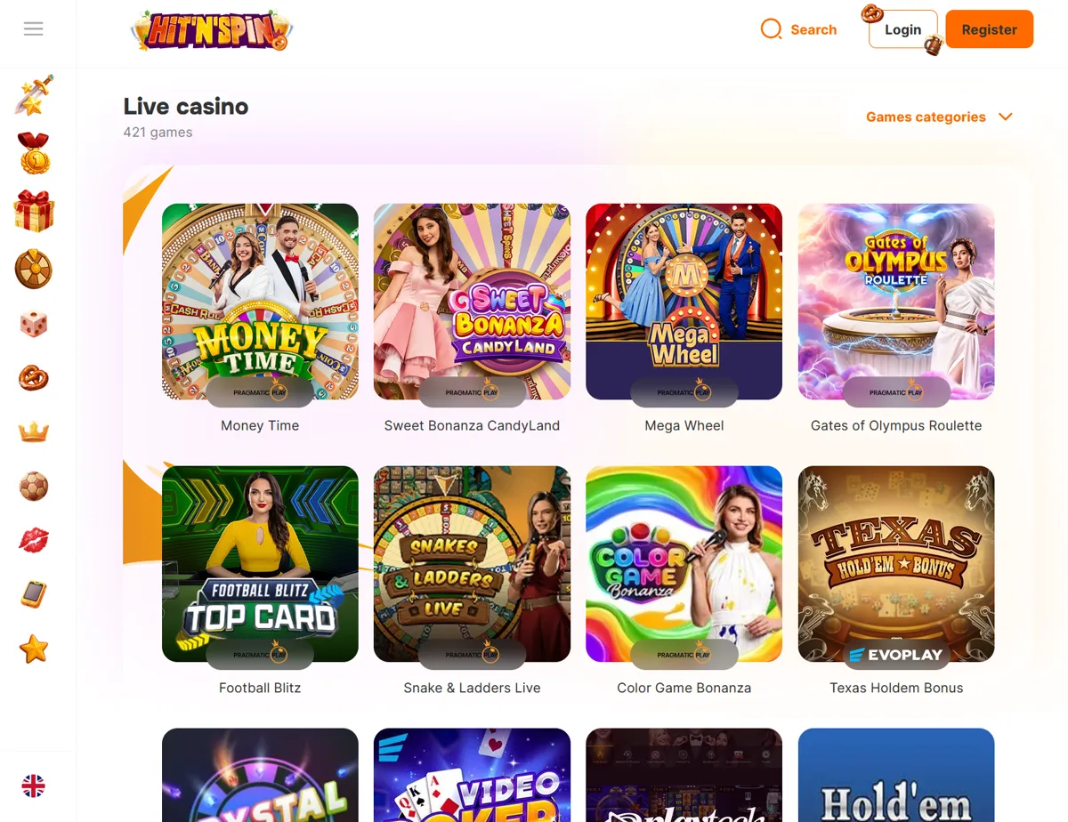Live casino hos Hit'n'Spin med Money Time og Mega Wheel