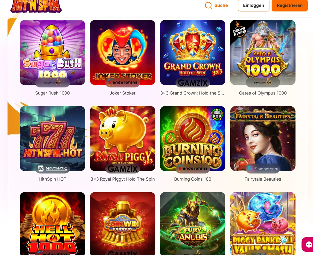 Deutschsprachige Rubrik Beliebt im Hit'n'Spin Casino mit Sugar Rush 1000, Joker Stoker und Gates of Olympus 1000