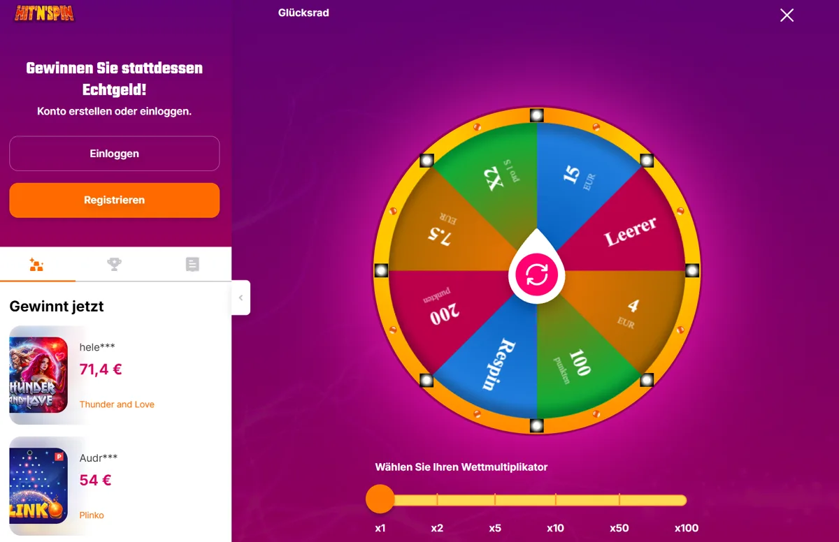 Das Glücksrad im Hit'n'Spin Casino auf Deutsch mit Feldern für Euro, Punkte, x2 und Respin