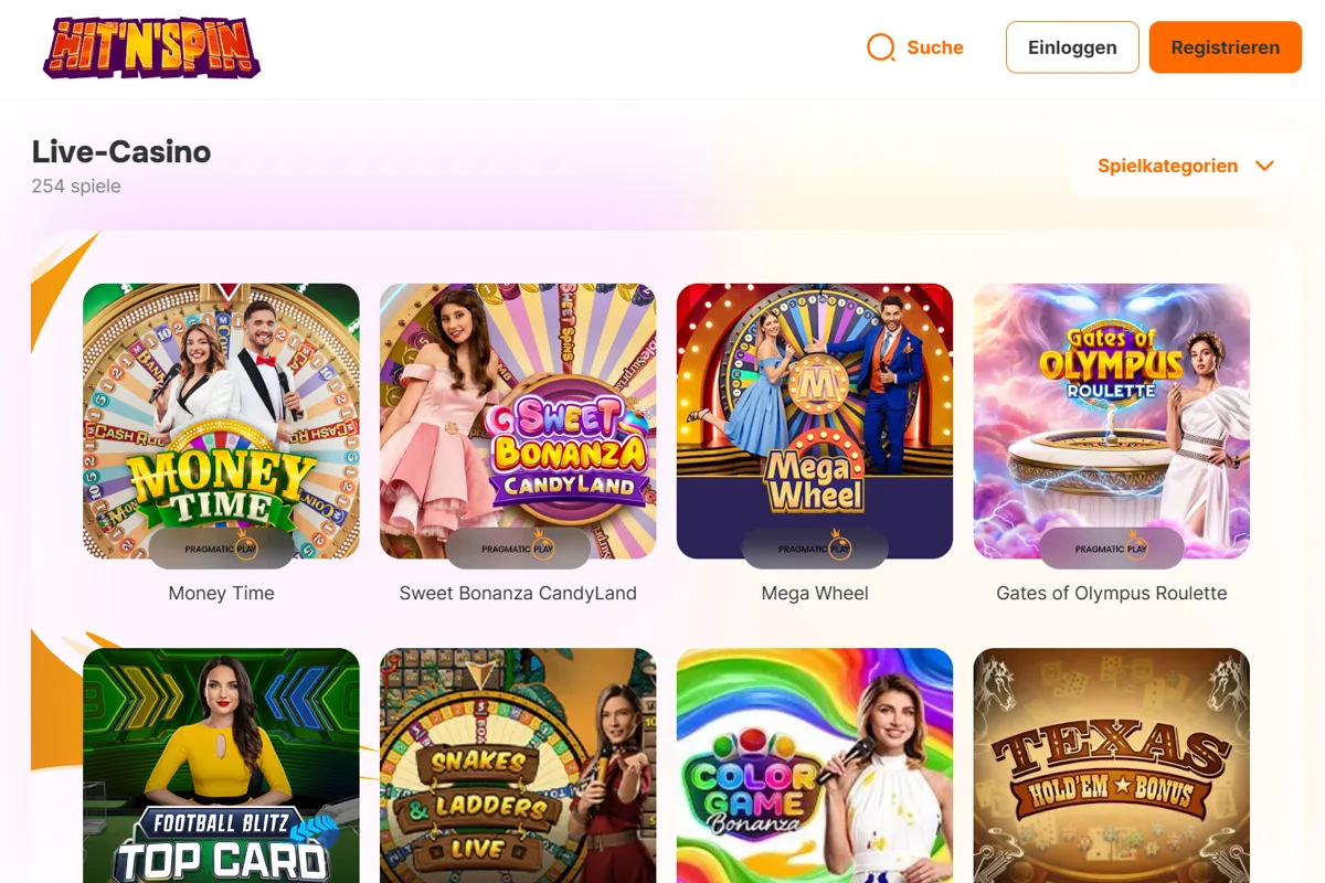 Live-Casino im Hit'n'Spin Casino auf Deutsch mit Money Time, Mega Wheel und Gates of Olympus Roulette