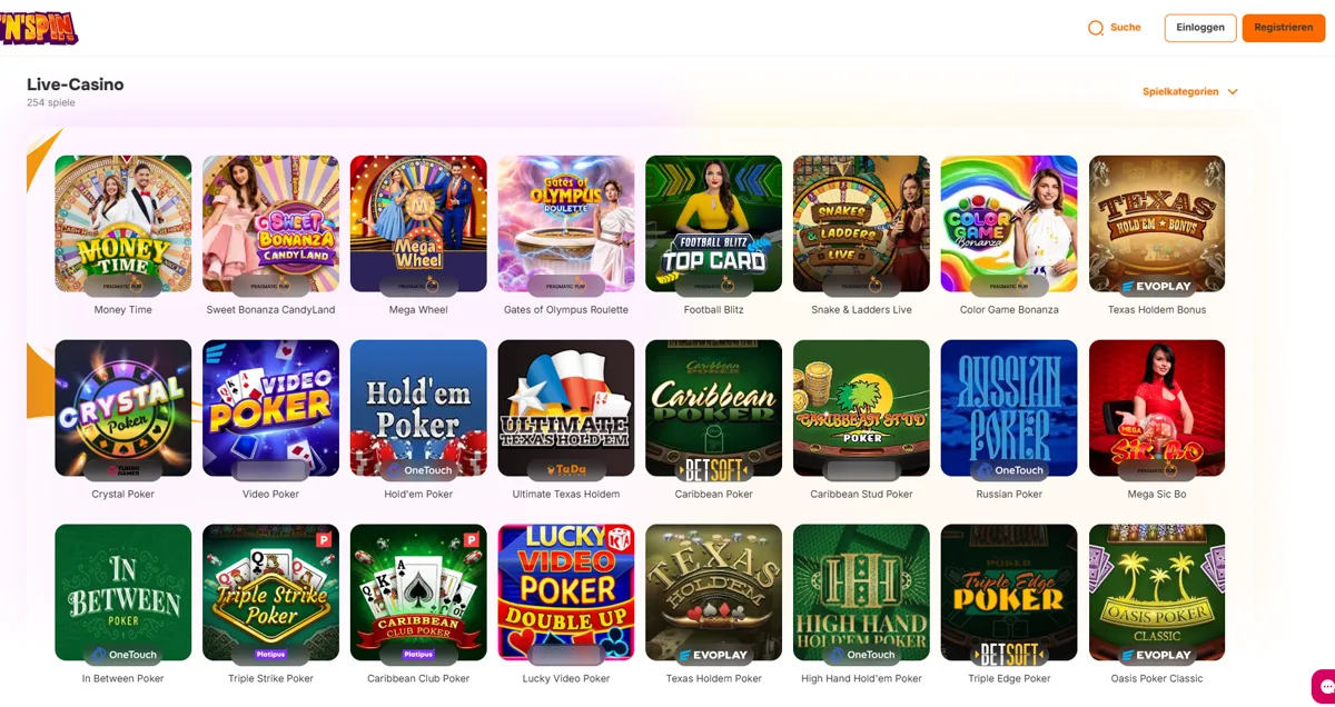 Live-Casino im Hit'n'Spin Casino mit Spielshows und zahlreichen Poker-Tischen