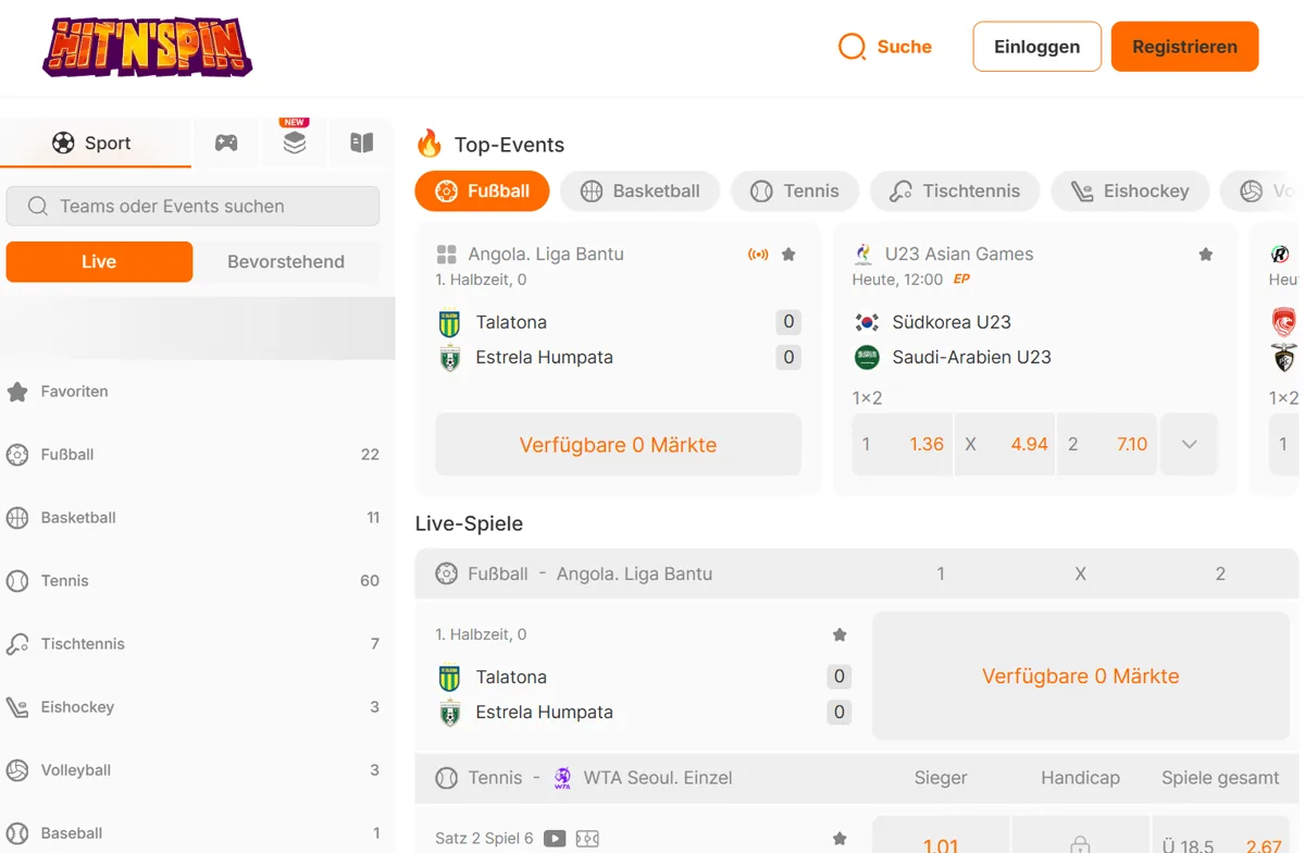 Sportwetten im Hit'n'Spin Casino auf Deutsch mit Top-Events und Live-Spielen