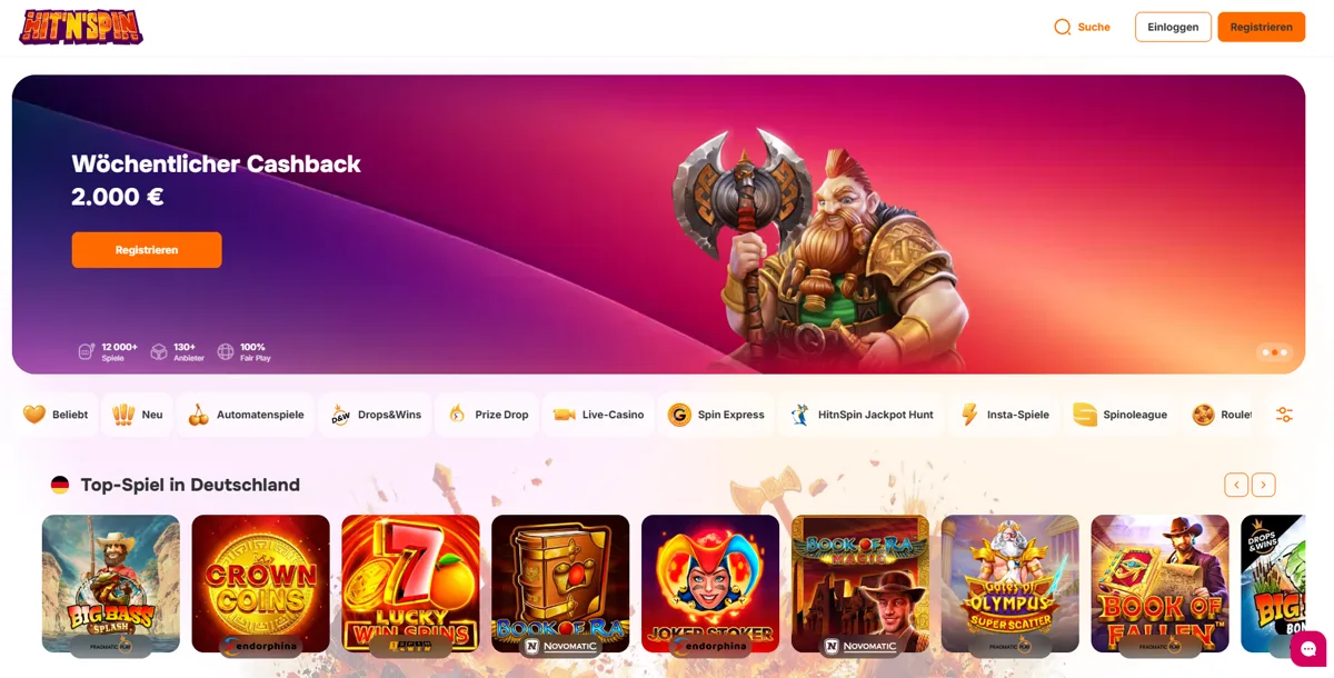 Deutsche Startseite des Hit'n'Spin Casino mit »Wöchentlicher Cashback 2.000 €« und der Rubrik Top-Spiel in Deutschland