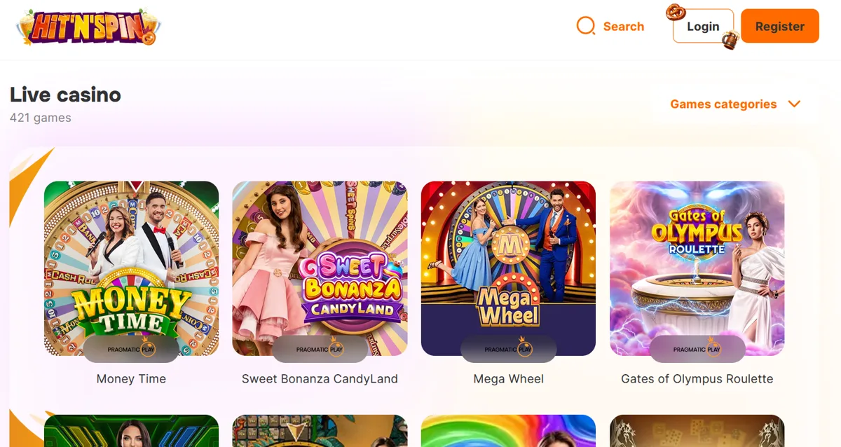 Live casino hos Hit'n'Spin Casino med Money Time, Sweet Bonanza CandyLand og Mega Wheel