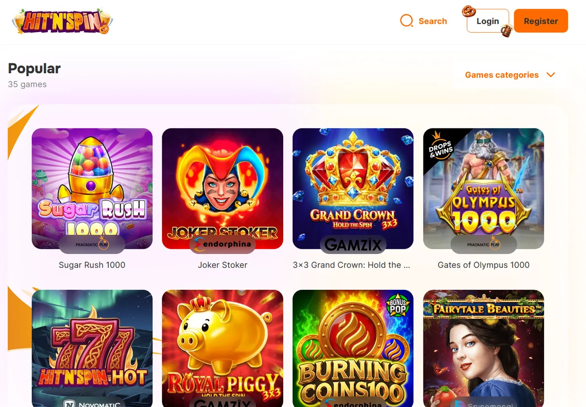Populære spil hos Hit'n'Spin Casino med Sugar Rush 1000, Joker Stoker og Gates of Olympus 1000