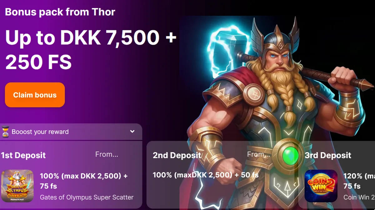 Thor-pakken hos Hit'n'Spin Casino i kroner: »Up to DKK 7,500 + 250 FS«