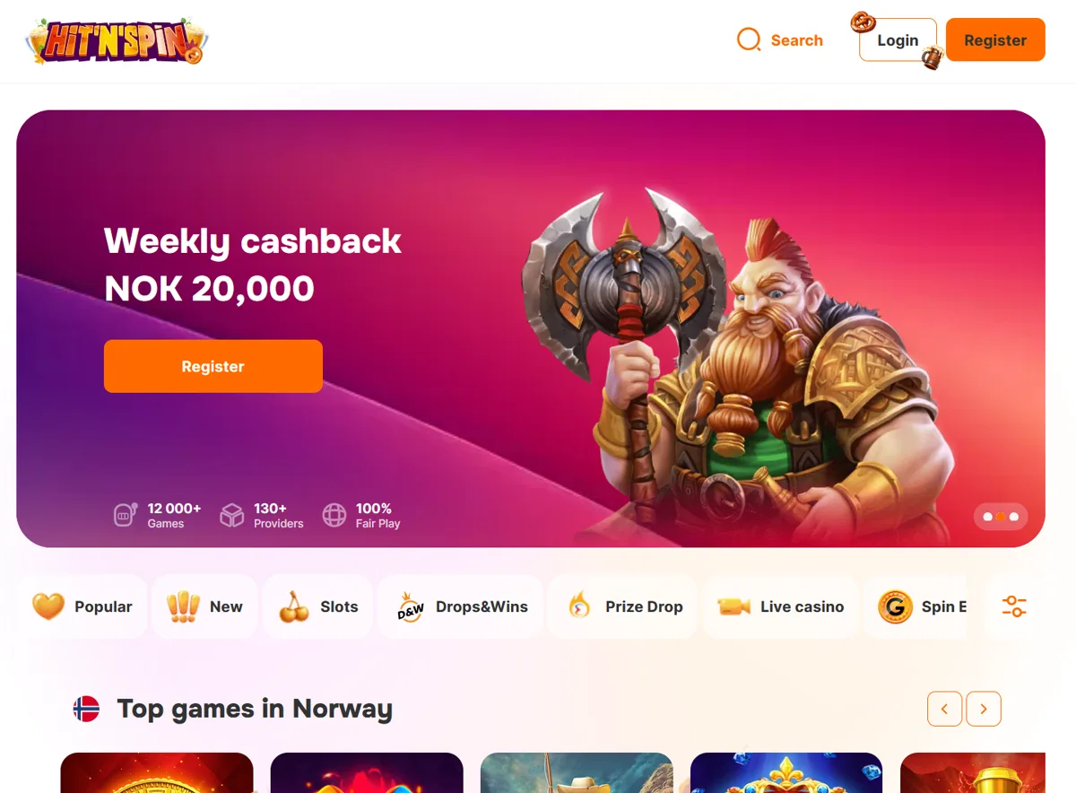 Forsiden til Hit'n'Spin Casino for norske besøkende med «Weekly cashback NOK 20,000» og listen Top games in Norway