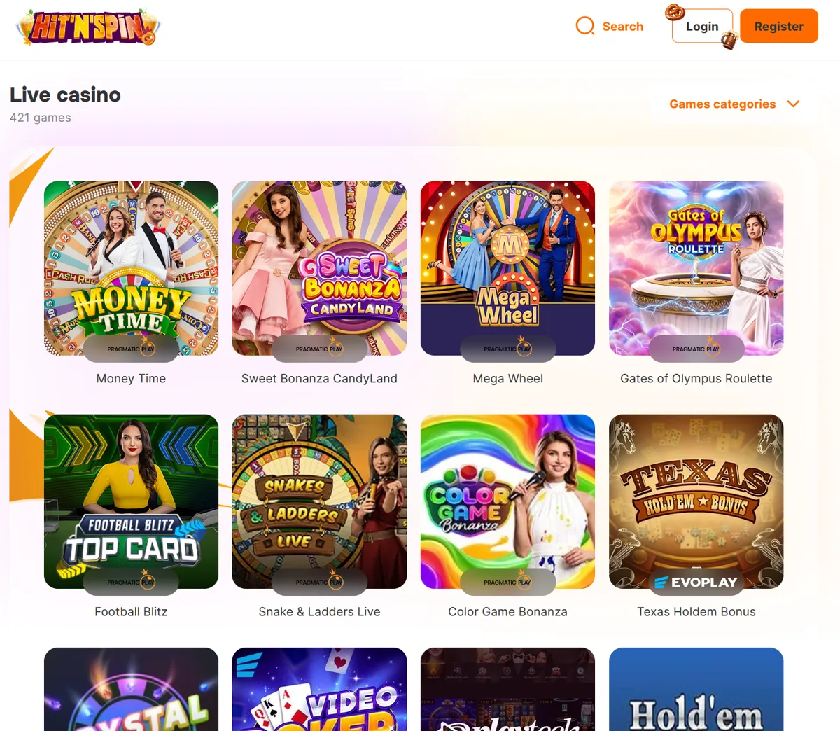 Live casino hos Hit'n'Spin Casino med Money Time, Mega Wheel og Snake & Ladders Live