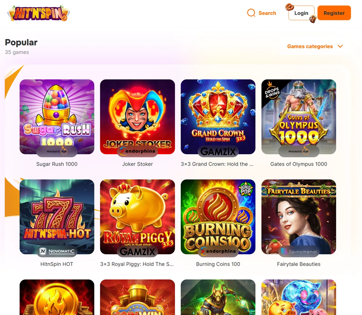 Populære spill hos Hit'n'Spin Casino med Sugar Rush 1000, Joker Stoker og Gates of Olympus 1000