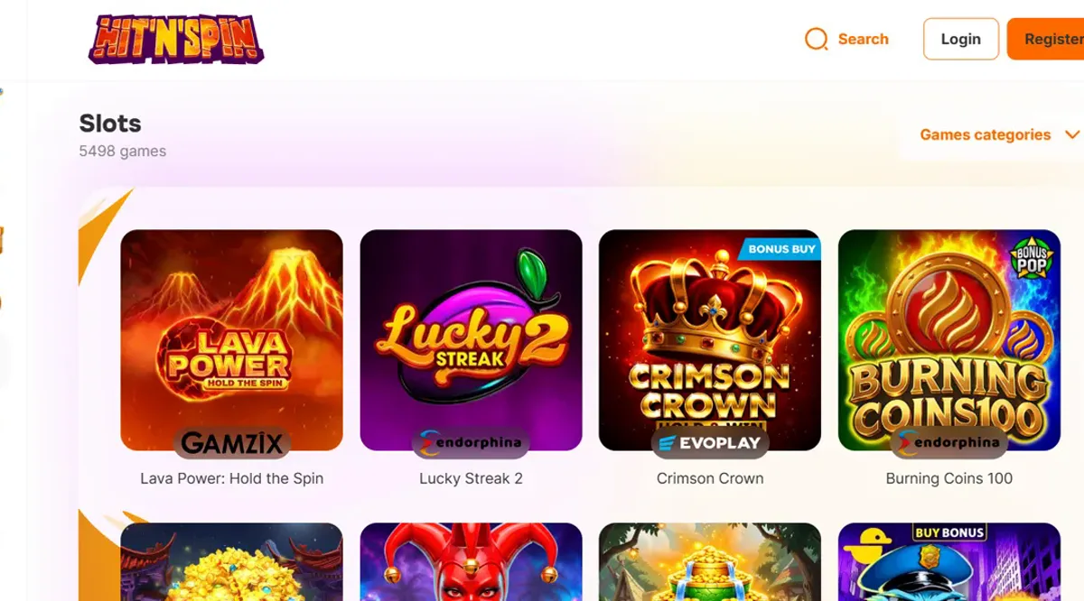Spilleautomatlobbyen hos Hit'n'Spin Casino med Lava Power, Lucky Streak 2 og Crimson Crown