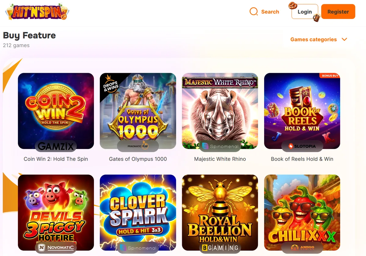 Kategorin Buy Feature hos Hit'n'Spin Casino med 212 spel, bland dem Coin Win 2 och Gates of Olympus 1000