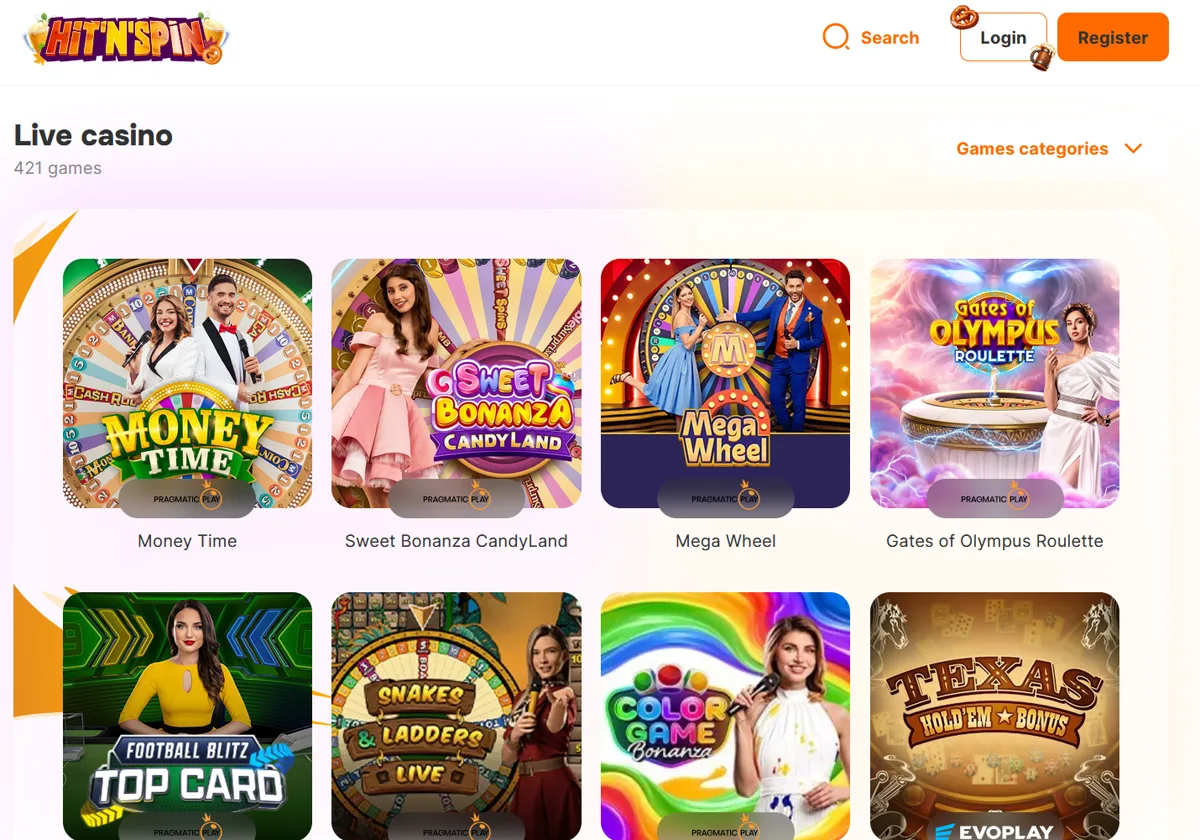 Live casino hos Hit'n'Spin Casino med Money Time, Mega Wheel och Gates of Olympus Roulette