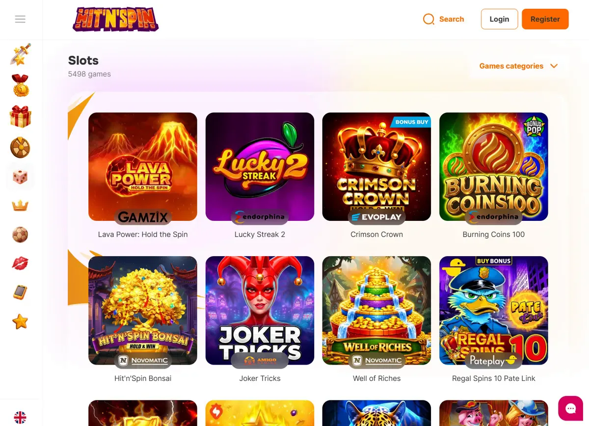 Slotlobbyn hos Hit'n'Spin Casino med Lava Power, Lucky Streak 2, Crimson Crown och Hit'n'Spin Bonsai