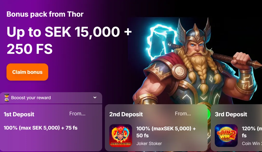 Hit'n'Spins Thor-paket: upp till 15 000 kr och 250 free spins