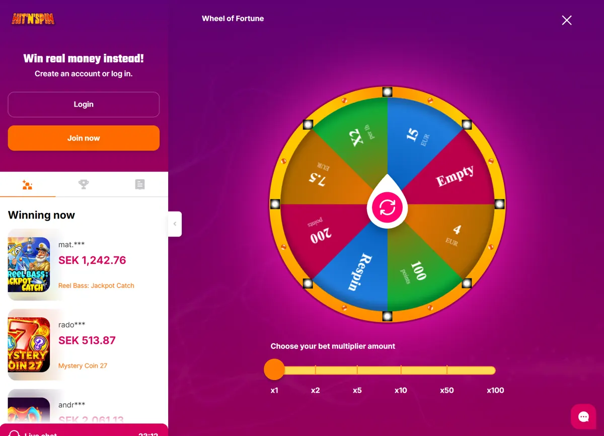 Hit'n'Spins lyckohjul med multiplikatorer
