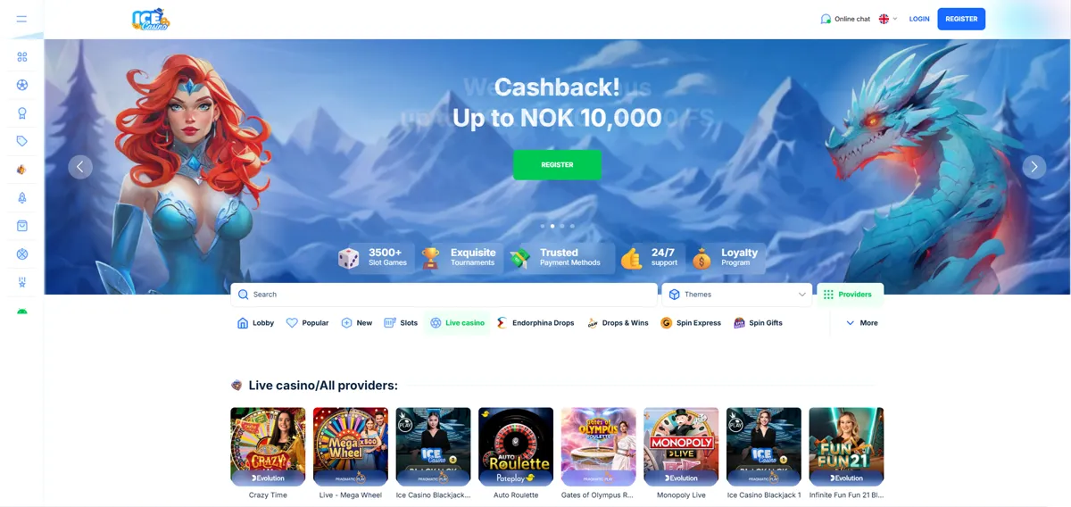 Live casino hos IceCasino med banner om cashback opptil 10 000 kr
