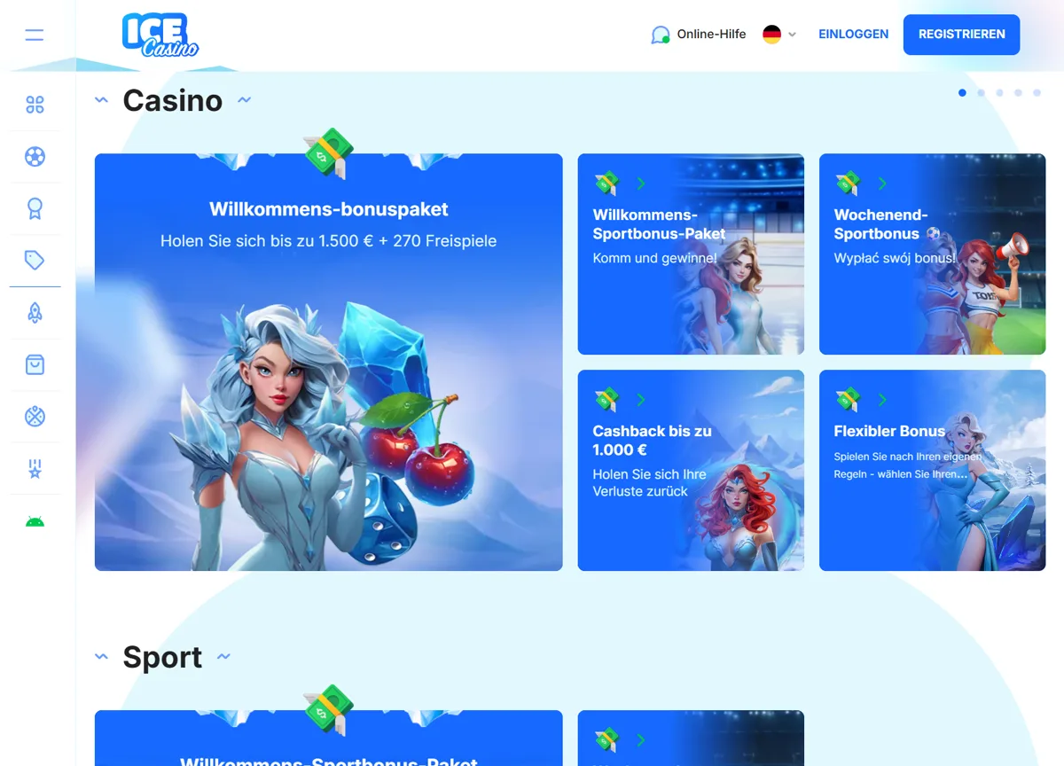 Deutsche Aktionsseite des Ice Casinos: »Willkommens-Bonuspaket – Holen Sie sich bis zu 1.500 € + 270 Freispiele« und »Cashback bis zu 1.000 €«