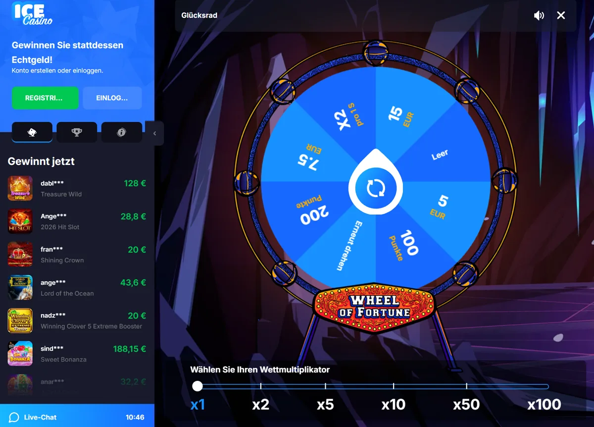 Glücksrad im Ice Casino mit den Feldern 5 €, 7,50 € und 15 €, Punkten, x2 und Erneut drehen