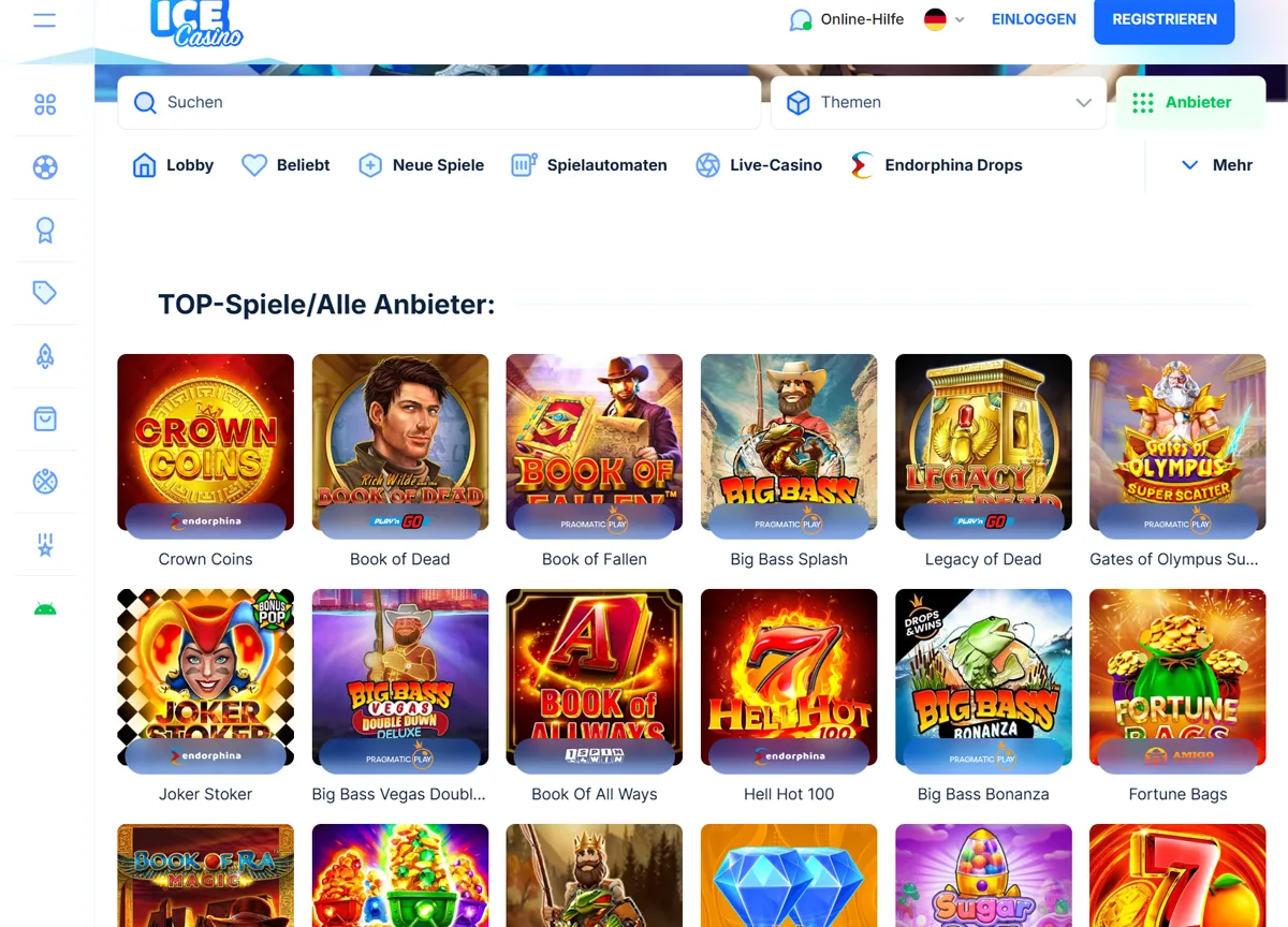 Rubrik TOP-Spiele im Ice Casino mit Crown Coins, Book of Dead, Book of Fallen und Big Bass Splash