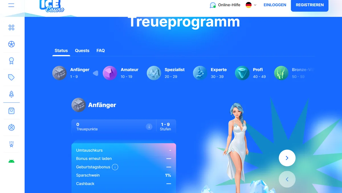 Treueprogramm des Ice Casinos mit den Stufen Anfänger, Amateur, Spezialist, Experte und Profi
