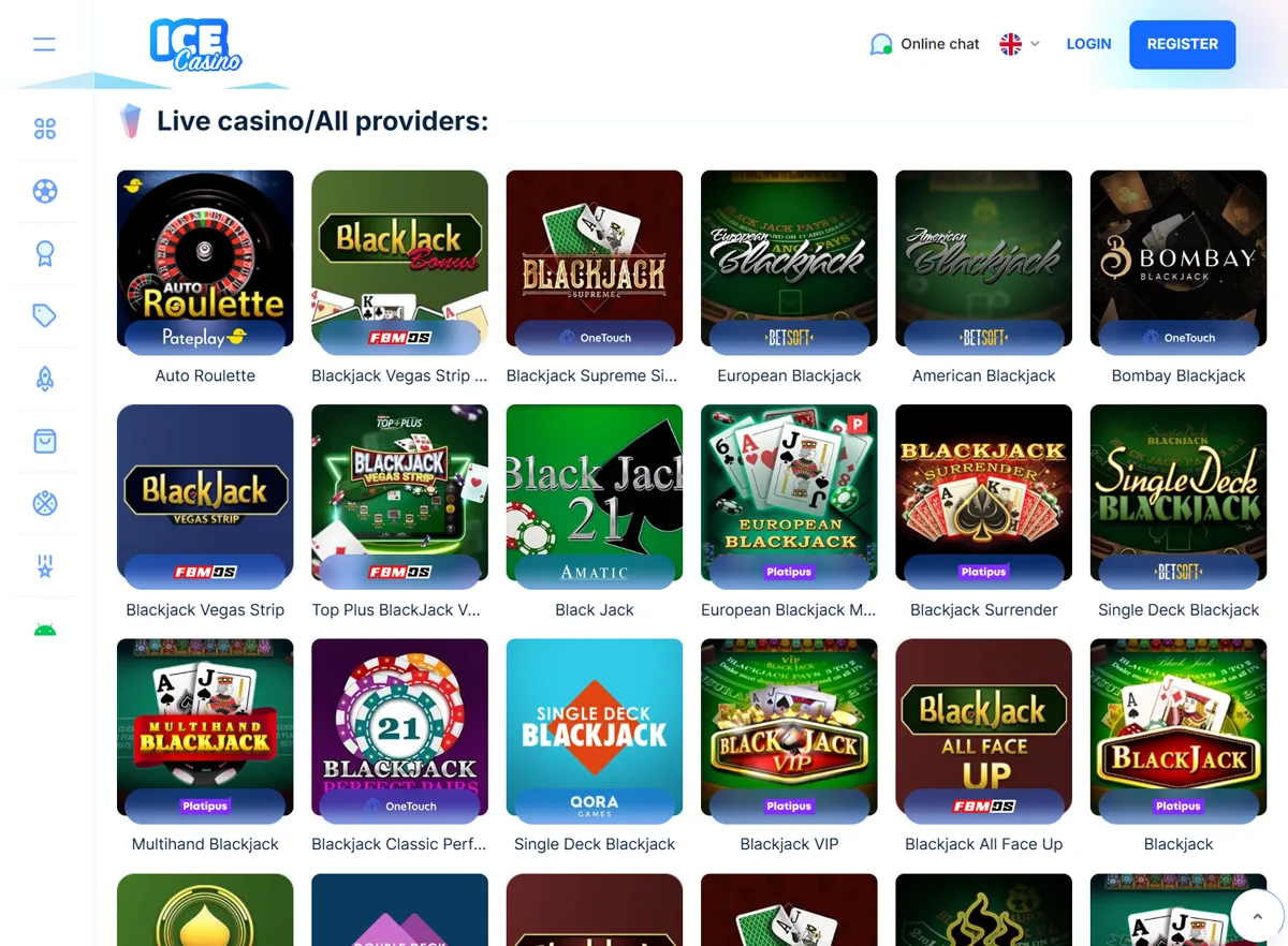 Live casino hos Ice Casino: »Live casino/All providers« med Auto Roulette og en lang række blackjack-borde