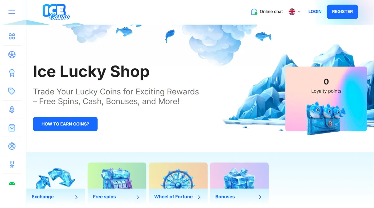Ice Lucky Shop med afdelingerne Exchange, Free spins, Wheel of Fortune og Bonuses