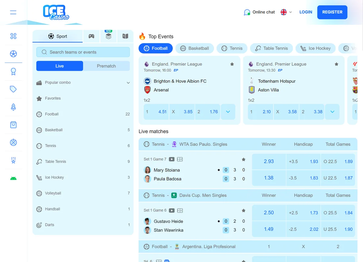 Sportsbooken hos Ice Casino med Top Events i fodbold og livekampe