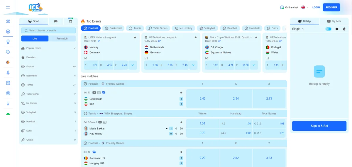 Sportsbooken hos Ice Casino med Top Events og livekamper