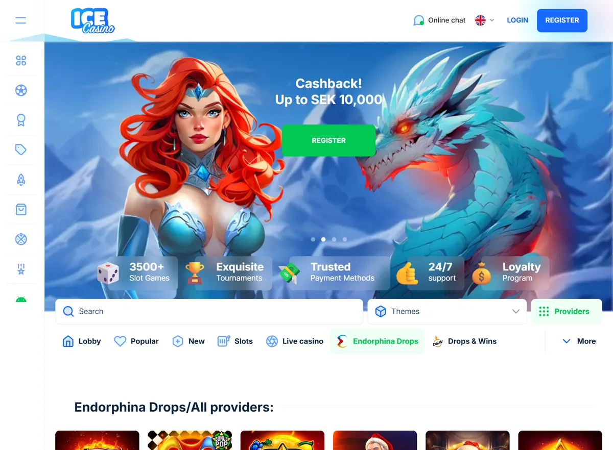 Ice Casinos startsida med ”Cashback! Up to SEK 10,000”