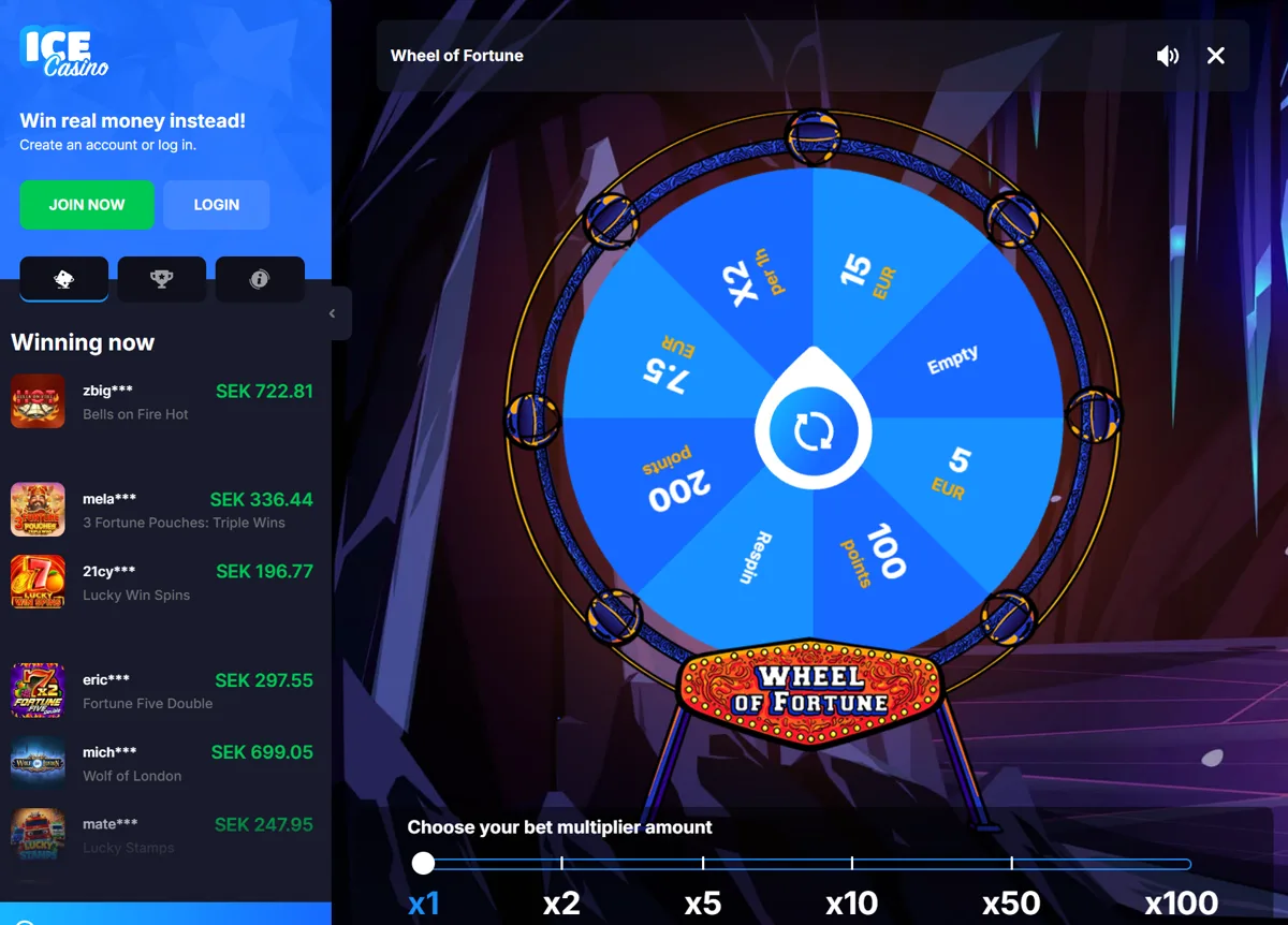 Lyckohjulet hos Ice Casino med fälten 5, 7,5 och 15 EUR, poäng, x2 och Respin