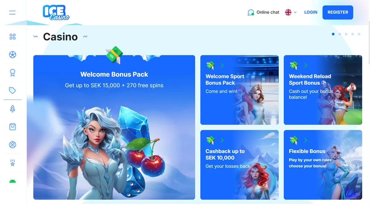 Ice Casinos kampanjsida i kronor: ”Welcome Bonus Pack – Get up to SEK 15,000 + 270 free spins”