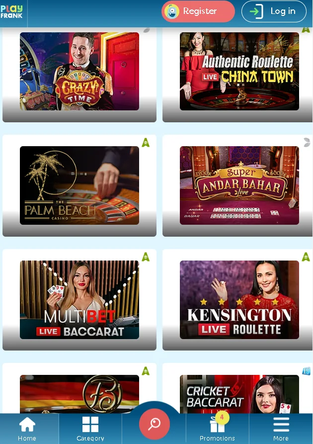 Das PlayFrank Live Casino auf dem Handy mit Crazy Time, Kensington Live Roulette und Multibet Live Baccarat