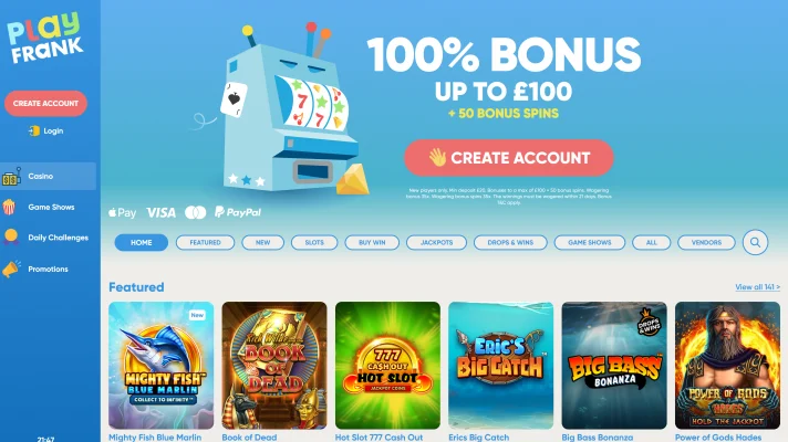 PlayFrank Casino Test: Screenshot der Lobby mit 100 % Bonus bis 100 £ + 50 Bonus-Spins