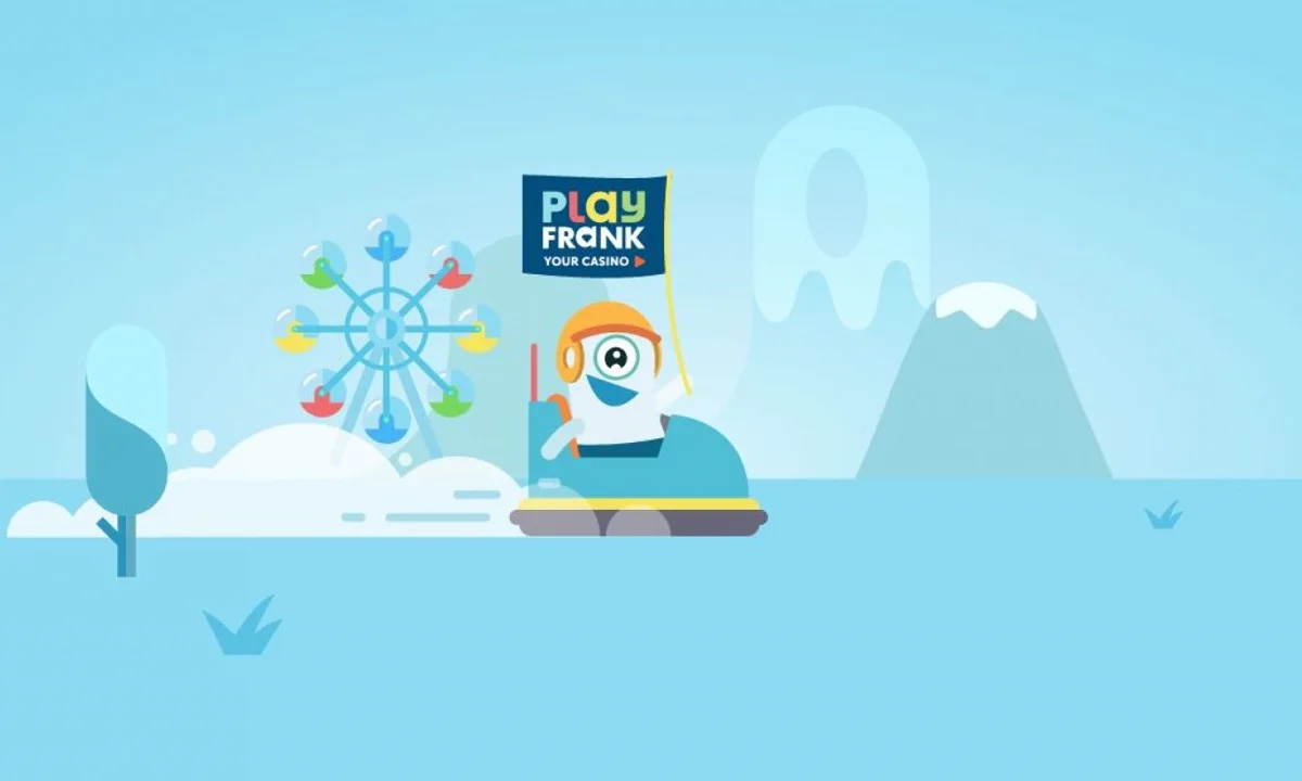 PlayFranks Maskottchen Frank im Autoscooter mit der Flagge Play Frank „Your Casino“